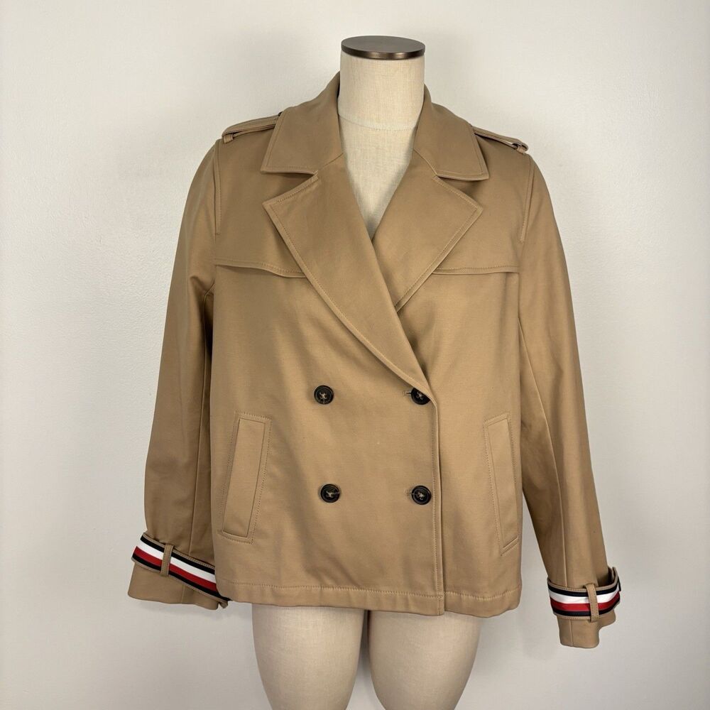 Tommy Hilfiger Women’s Tan Cropped Trench Coat Jacket Global Stripe Cuffs Size M